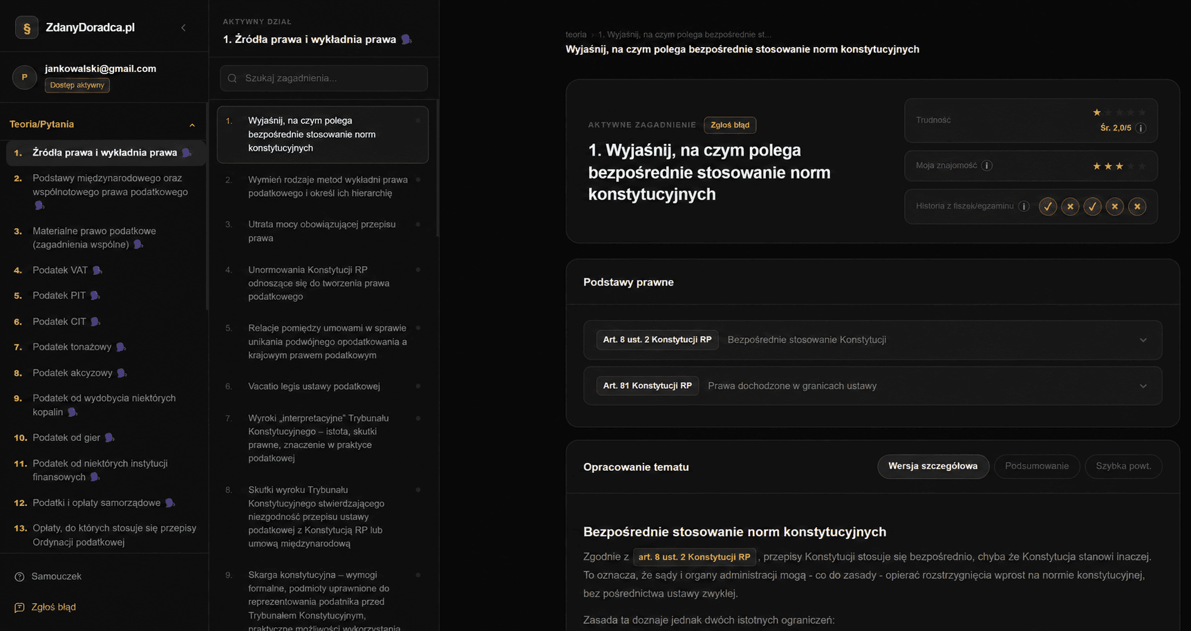 Teoria i pytania na egzamin ustny — widok platformy ZdanyDoradca.pl